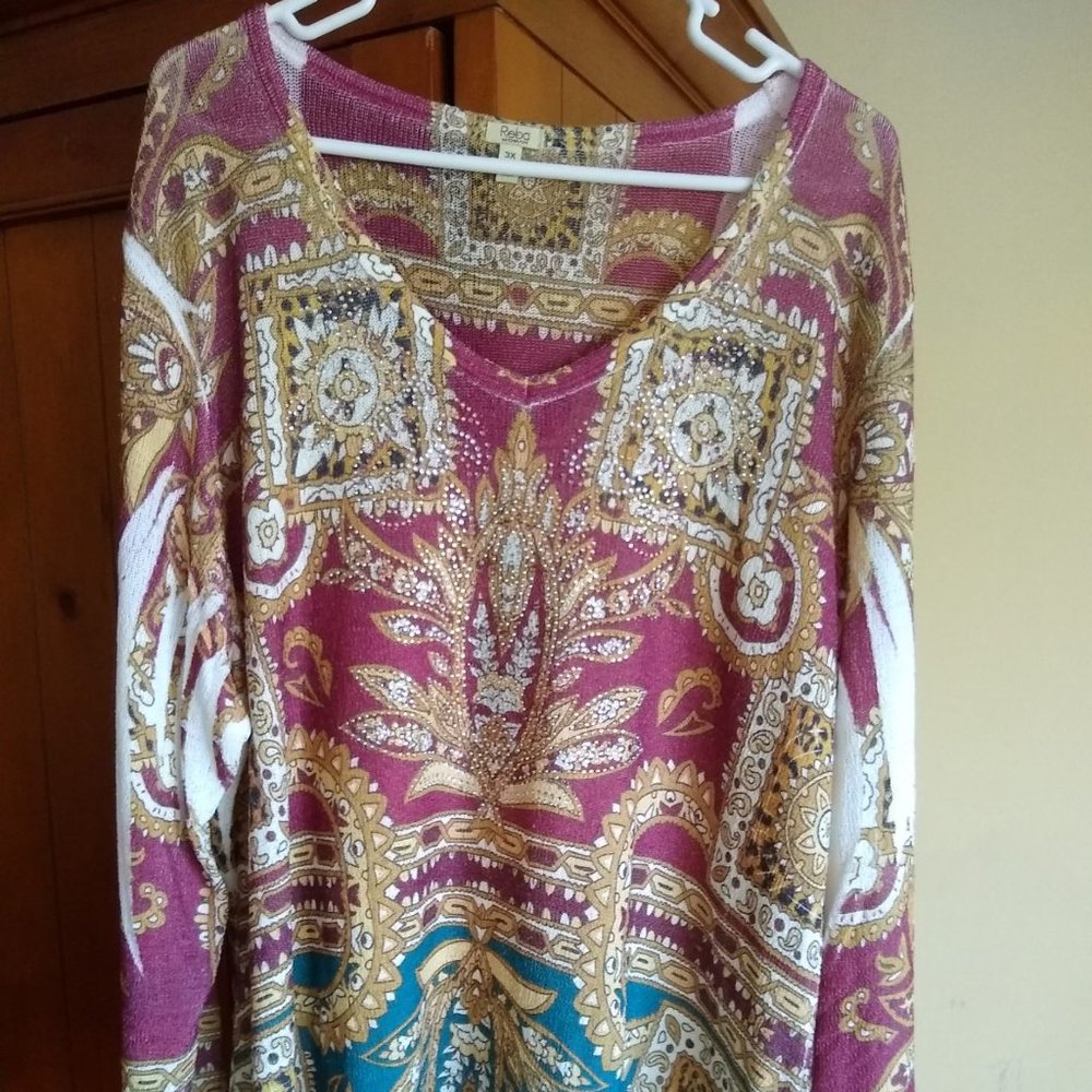 NWT Reba l/s V-neck Multicolor 3X Lightweight Sweater Top w/ Lots of Bling